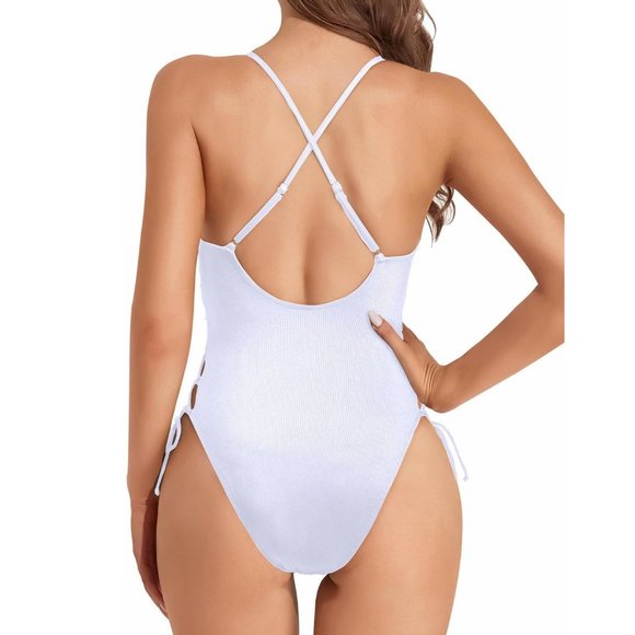 One Piece Off-White Lilac Lace Up Ribbed Swimsuit  18W *NWT* - Picture 3 of 8